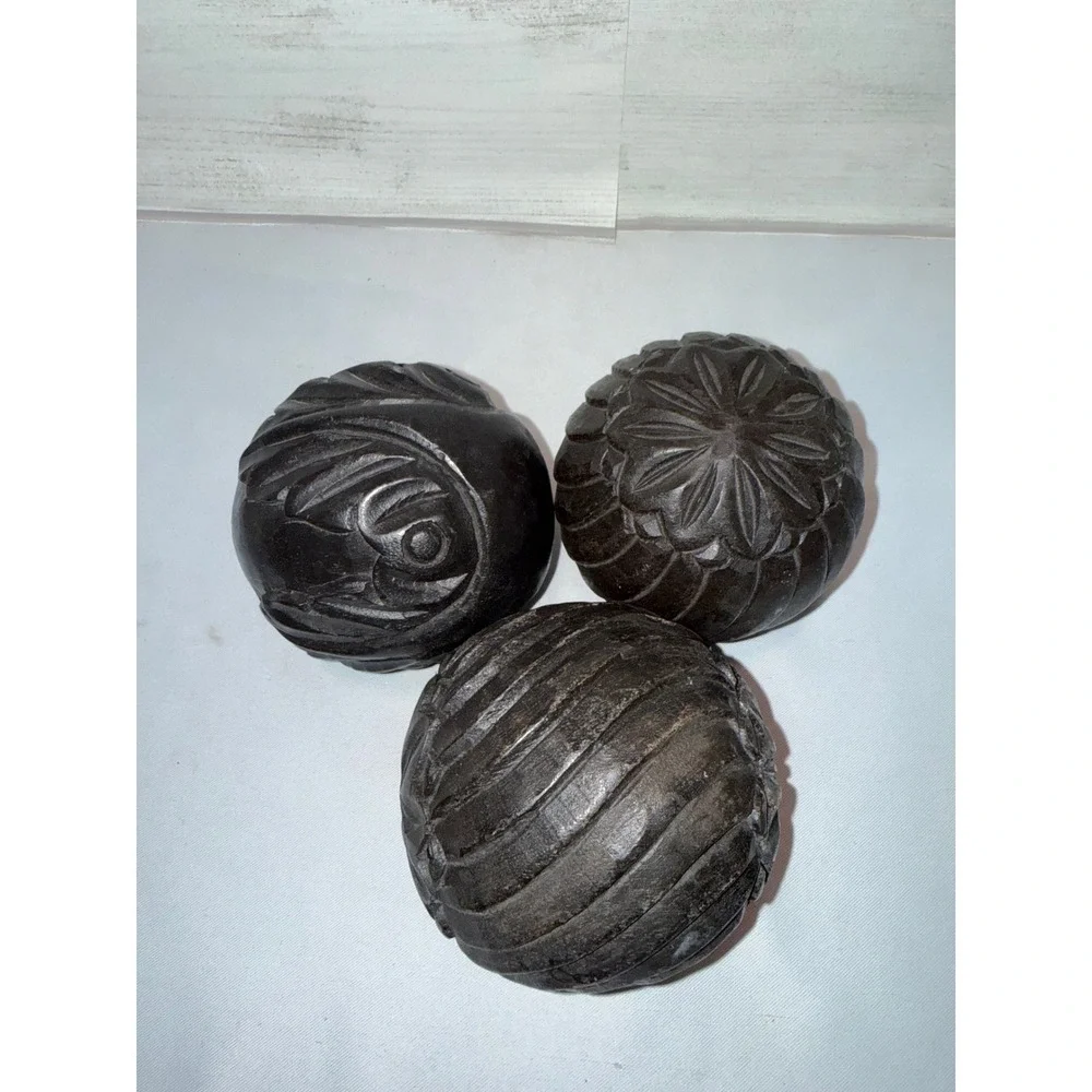 Set of 3 Hand Carved Dark Wood Decorative Spheres Orbs Floral Swirl Home Decor